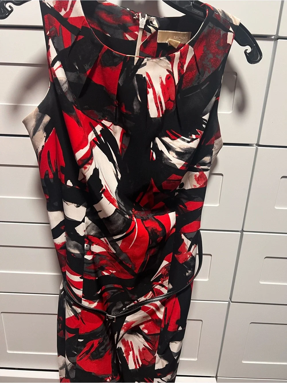 Michael Kors True Red Abstract Print Belted Stretch Crepe Shift Dress (D5)